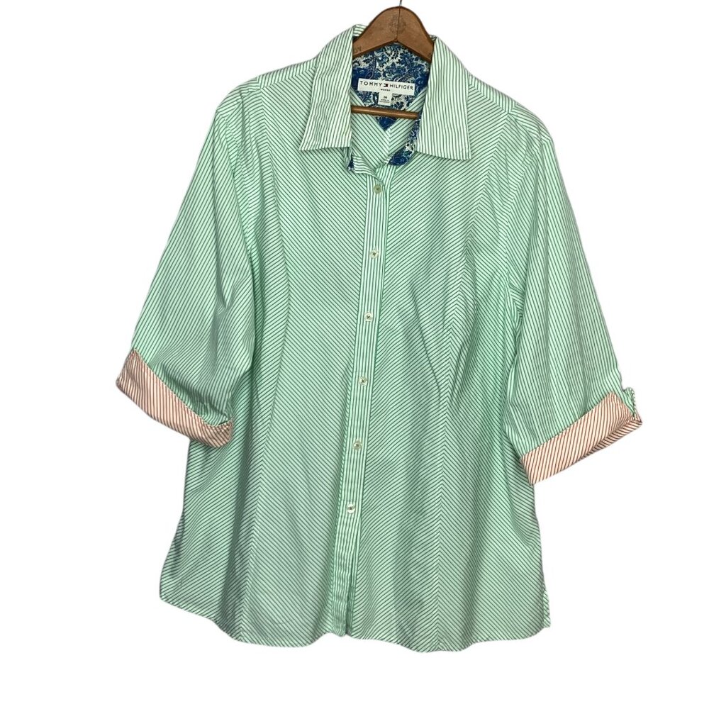 Vintage 00s Y2K Tommy Hilfiger Woman Size 20 Striped Button Down Shirt Top Plus